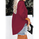 Women's V Neck Satin Embossed Roll Up Cuff Button Shirt Top
