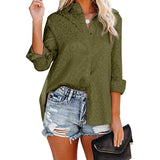 Women's V Neck Satin Embossed Roll Up Cuff Button Shirt Top