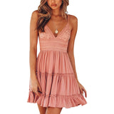 Womens V-Neck Spaghetti Strap Bowknot Backless Sleeveless Lace Mini Swing Skater Dress