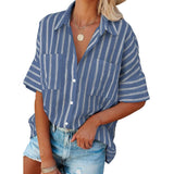 Women's V Neck Striped Roll Up Cuff Button Shirt Top