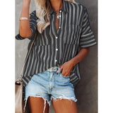 Women's V Neck Striped Roll Up Cuff Button Shirt Top