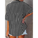 Women's V Neck Striped Roll Up Cuff Button Shirt Top