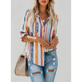 Women's V-Neck Striped Roll-Up Cuff Shirt