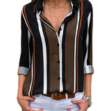 Womens V Neck Striped Roll up Sleeve Button Down Blouses Top