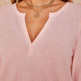 Women's V Neck Waffle Knit Henley Tops