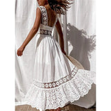 Women's White Sleeveless Solid Lace Panel Dress