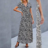 Women's Wrap V Neck Maxi Dresses Short Sleeve Split Casual Long Dress