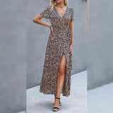 Women's Wrap V Neck Maxi Dresses Short Sleeve Split Casual Long Dress