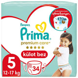 Prima Premium Care Baby Diapers Size 5, 34 Count - Comfortable, Dermatologist-Approved Disposable Diapers for Junior Babies