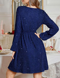 ZAFUL Elegant Fall Wedding Guest Dresses for Women Sparkly Glitter Mini Semi Formal Long Sleeve Cocktail Work Birthday Date Night Winter High Waist Dress 2025 Navy Blue Medium