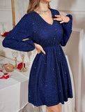 ZAFUL Elegant Fall Wedding Guest Dresses for Women Sparkly Glitter Mini Semi Formal Long Sleeve Cocktail Work Birthday Date Night Winter High Waist Dress 2025 Navy Blue Medium