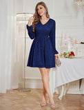 ZAFUL Elegant Fall Wedding Guest Dresses for Women Sparkly Glitter Mini Semi Formal Long Sleeve Cocktail Work Birthday Date Night Winter High Waist Dress 2025 Navy Blue Medium