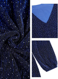 ZAFUL Elegant Fall Wedding Guest Dresses for Women Sparkly Glitter Mini Semi Formal Long Sleeve Cocktail Work Birthday Date Night Winter High Waist Dress 2025 Navy Blue Medium