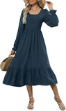 ZAFUL Womens 2025 Fall Square Neck Smocked Dresses Long Puff Sleeve Casual Flowy A Line Tiered Midi Dress
