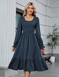 ZAFUL Womens 2025 Fall Square Neck Smocked Dresses Long Puff Sleeve Casual Flowy A Line Tiered Midi Dress