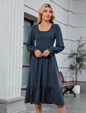 ZAFUL Womens 2025 Fall Square Neck Smocked Dresses Long Puff Sleeve Casual Flowy A Line Tiered Midi Dress
