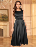 ZAFUL Women's Boat Neck Satin Silk Wedding Guest Dress Modest Sleeveless A Line Cocktail Party Club Midi Dress 2025 Formal Prom Dresses(Black,M)