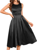 ZAFUL Women's Boat Neck Satin Silk Wedding Guest Dress Modest Sleeveless A Line Cocktail Party Club Midi Dress 2025 Formal Prom Dresses(Black,M)