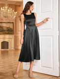 ZAFUL Women's Boat Neck Satin Silk Wedding Guest Dress Modest Sleeveless A Line Cocktail Party Club Midi Dress 2025 Formal Prom Dresses(Black,M)