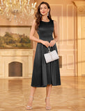 ZAFUL Women's Boat Neck Satin Silk Wedding Guest Dress Modest Sleeveless A Line Cocktail Party Club Midi Dress 2025 Formal Prom Dresses(Black,M)