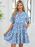 ZAFUL Women's Casual Dresses Floral Short Sleeves Mini Sundresses Blue Bohemian Beach Resort Wear Aline Flowy Dress with Pockets S