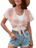 ZAFUL Women's Chiffon Cropped Bolero Sheer Shrugs for Dress Short Sleeve Tie Front Cardigan