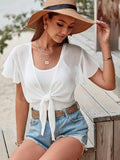 ZAFUL Women's Chiffon Cropped Bolero Sheer Shrugs for Dress Short Sleeve Tie Front Cardigan