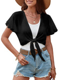 ZAFUL Women's Chiffon Cropped Bolero Sheer Shrugs for Dress Short Sleeve Tie Front Cardigan