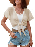 ZAFUL Women's Chiffon Cropped Bolero Sheer Shrugs for Dress Short Sleeve Tie Front Cardigan