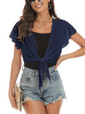 ZAFUL Women's Chiffon Cropped Bolero Sheer Shrugs for Dress Short Sleeve Tie Front Cardigan