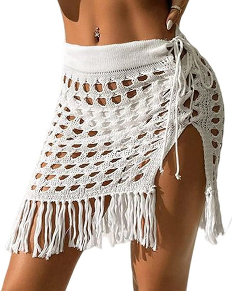 ZAFUL Women's Crochet Bikini Cover Up Skirt Tassel Knit Mini Beach Drawstring Side Swimsuit