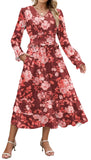 ZAFUL Womens Fall 2025 Casual Floral Maxi Dress Puff Long Sleeve V Neck Smocked Elastic Waist Flowy A line Dress Pockets