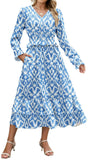 ZAFUL Womens Fall 2025 Casual Floral Maxi Dress Puff Long Sleeve V Neck Smocked Elastic Waist Flowy A line Dress Pockets