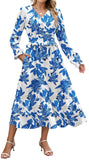 ZAFUL Womens Fall 2025 Casual Floral Maxi Dress Puff Long Sleeve V Neck Smocked Elastic Waist Flowy A line Dress Pockets