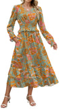 ZAFUL Womens Fall 2025 Casual Floral Maxi Dress Puff Long Sleeve V Neck Smocked Elastic Waist Flowy A line Dress Pockets