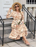 ZAFUL Womens Fall 2025 Casual Floral Maxi Dress Puff Long Sleeve V Neck Smocked Elastic Waist Flowy A line Dress Pockets