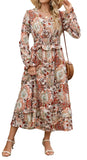 ZAFUL Womens Fall 2025 Casual Floral Maxi Dress Puff Long Sleeve V Neck Smocked Elastic Waist Flowy A line Dress Pockets
