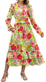 ZAFUL Womens Fall 2025 Casual Floral Maxi Dress Puff Long Sleeve V Neck Smocked Elastic Waist Flowy A line Dress Pockets