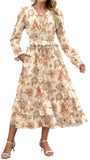 ZAFUL Womens Fall 2025 Casual Floral Maxi Dress Puff Long Sleeve V Neck Smocked Elastic Waist Flowy A line Dress Pockets