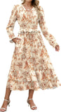 ZAFUL Womens Fall 2025 Casual Floral Maxi Dress Puff Long Sleeve V Neck Smocked Elastic Waist Flowy A line Dress Pockets