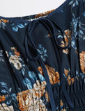 ZAFUL Womens Fall Floral Midi Dress Casual Square Neck Ruffle Long Sleeve Smocked Boho Flowy A Line Long Wedding Guest Dresses Navy Blue X-Large