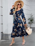 ZAFUL Womens Fall Floral Midi Dress Casual Square Neck Ruffle Long Sleeve Smocked Boho Flowy A Line Long Wedding Guest Dresses Navy Blue X-Large