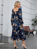 ZAFUL Womens Fall Floral Midi Dress Casual Square Neck Ruffle Long Sleeve Smocked Boho Flowy A Line Long Wedding Guest Dresses Navy Blue X-Large