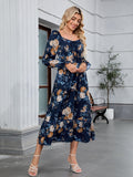 ZAFUL Womens Fall Floral Midi Dress Casual Square Neck Ruffle Long Sleeve Smocked Boho Flowy A Line Long Wedding Guest Dresses Navy Blue X-Large