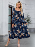 ZAFUL Womens Fall Floral Midi Dress Casual Square Neck Ruffle Long Sleeve Smocked Boho Flowy A Line Long Wedding Guest Dresses Navy Blue X-Large