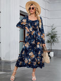 ZAFUL Womens Fall Floral Midi Dress Casual Square Neck Ruffle Long Sleeve Smocked Boho Flowy A Line Long Wedding Guest Dresses Navy Blue X-Large