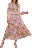 ZAFUL Womens Fall Floral Smocked Maxi Dress Long Puff Sleeve Bohemian Dresses Flowy Tiered Ruffle Wedding Guest Dress
