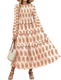 ZAFUL Womens Fall Floral Smocked Maxi Dress Long Puff Sleeve Bohemian Dresses Flowy Tiered Ruffle Wedding Guest Dress