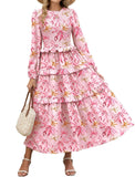 ZAFUL Womens Fall Floral Smocked Maxi Dress Long Puff Sleeve Bohemian Dresses Flowy Tiered Ruffle Wedding Guest Dress
