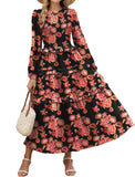 ZAFUL Womens Fall Floral Smocked Maxi Dress Long Puff Sleeve Bohemian Dresses Flowy Tiered Ruffle Wedding Guest Dress